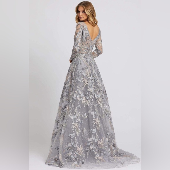 A-line embroidered formal gown with long sheer illusion sleeve la and v neckline - Picture 3 of 4